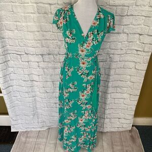 Eva Mendez women wrap maxi dress with side tie and floral print green